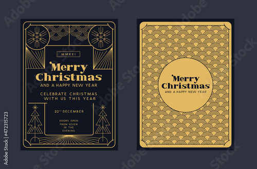 Christmas grettings design background with 1920's and 1930's art deco style gold detailing. Festive frame vector illustration.