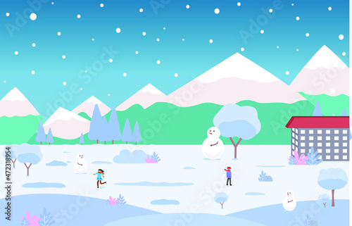 Holiday to the snowy mountains in winter, tree landscape, snowball, resort and blue sky, vector illustration for background and wallpaper