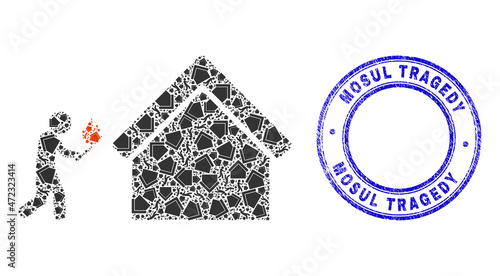 Vector house arsonist icon collage is organized of randomized recursive house arsonist icons. Mosul Tragedy grunge blue round watermark. Recursive mosaic of house arsonist icon.