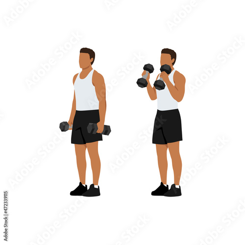Man doing dumbbell bicep hammer curls. Flat vector illustration isolated on different layer. Workout character