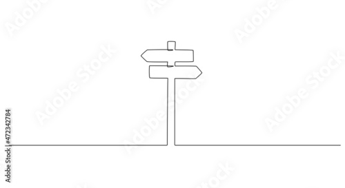 One Continuous line drawing of Road direction signpost arrows to the right and left isolated on white. Pointer symbol in doodle style. Vector illustration for web banner, design template, postcard