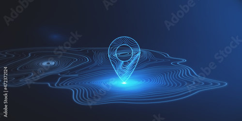 Abstract glowing map geoposition with marker on dark blue texture. Travel and direction concept. 3D Rendering.