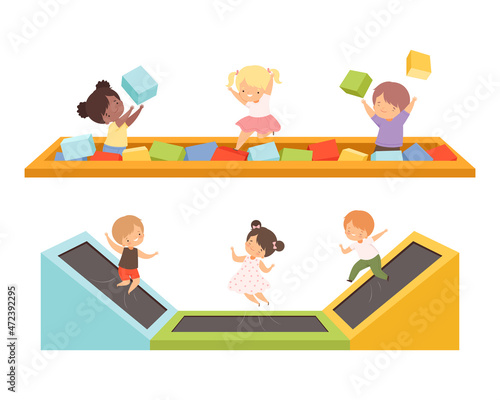 Cute Little Kids Bouncing on Trampoline and Playing in Pool with Soft Cubes Vector Set