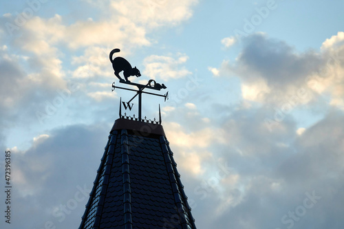 Weather vane on house roof in shape of cat catching mouse, cardinal directions, blue sky background