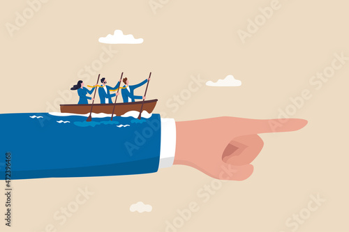 Team direction, business decision or leadership, guidance or strategy to achieve success, determination and inspiration concept, business people team members sailing ship on boss pointing direction.