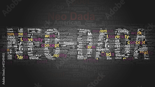 Neo dada - essential subjects and terms related to Neo dada arranged by importance in a 4-color high res word cloud poster. Reveal primary and peripheral concepts related to Neo dada, 3d illustration