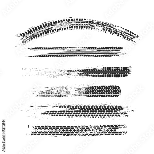 Tire marks from a motorcycle and car, shabby imprint of car wheel, tire track of offroad car, vector illustration.