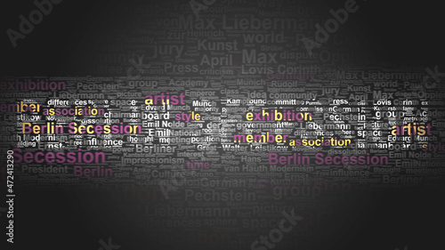 Berlin secession - essential terms related to it arranged in a 4-color word cloud poster. Reveals related primary and peripheral concepts, 3d illustration