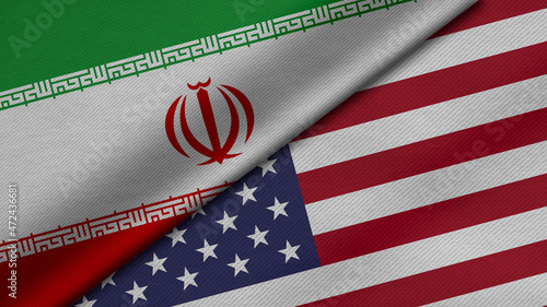 3D Rendering of two flags from United States of America and Islamic Republic of Iran together with fabric texture, bilateral relations, peace and conflict between countries, great for background