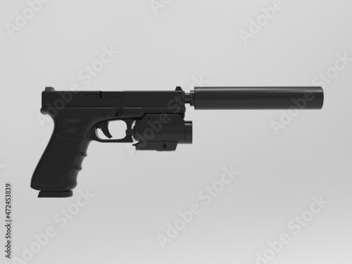 Black handgun with slencer and laser point sight on light gray background