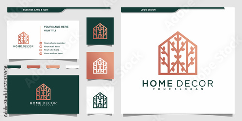 Minimalist home decor logo with unique leaf line art shape and business card design premium vektor