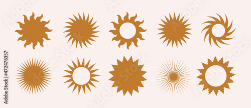 Vector set boho sun logo, icons and symbols. Minimalist geometric various design sun elements. All objects are isolated