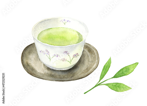 緑茶が入った湯のみとお茶の葉の水彩イラスト アナログ手描き