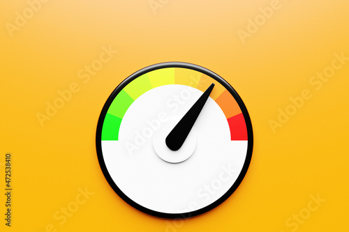 3d illustration of speed measuring speed icon. Colorful speedometer icon, speedometer pointer points to orange normal color