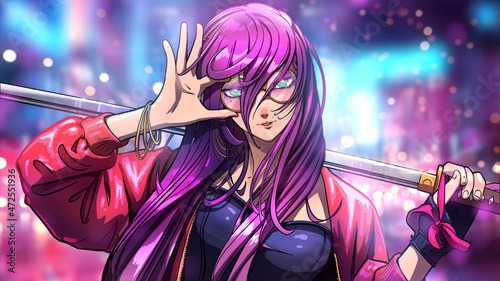 Mature elegant woman with purple hair drawn in anime style, she is a fighter with a katana in her hand playfully adjusts round glasses, she is wearing a red leather jacket and a black corset. 2d art