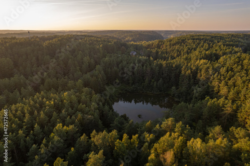 Aerial summer day view in sunny Green lakes forest