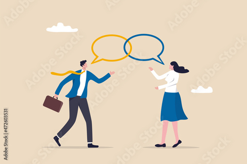 Customer engagement, emotional connection between customer and brand, loyalty, consumer trust or deep relationship concept, businessman represent brand talk with customer as linked speech bubble.