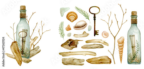 Set of watercolor driftwood, seaweed, seashells and other interesting marine finds. And a composition of driftwood and a message in a bottle.