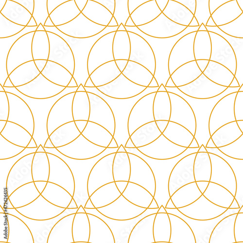 Seamless pattern with triquetra sign, celtic knot icon. Line art. Celtic symbol of triangle in gold color on white background. Modern design for print on wrapping. Nordic tattoos. Vector illustration