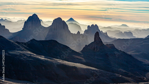 Ahaggar mountains in the sahara desert of algeria at sunrise