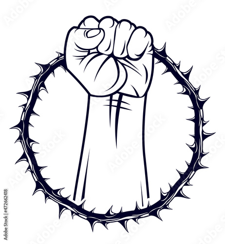 Strong hand clenched fist fighting for freedom against blackthorn thorn slavery theme illustration, vector logo or tattoo, through the thorns to the stars concept.