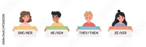 Gender pronouns - people holding signs with different pronouns, male, female and non-binary characters. Vector illustration in flat style