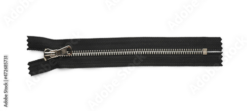 Black zipper isolated on white, top view