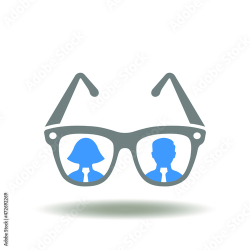 Vector illustration of glasses with man and woman silhouettes. Icon of bias. Symbol of gender discrimination prejudice.