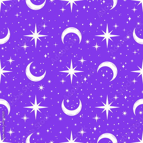 Purple seamless pattern with moons and stars