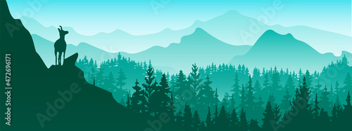 Horizontal banner. A chamois stands on top of hill with mountains and forest in background. Silhouette with green and blue background. Illustration. Magic misty landscape.