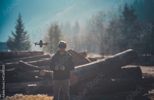 Young man wearing FPV Goggles Headsets. Drones are the latest trend in technology. With amazing speeds and the ability to record everything in real time, drones will be all over the news