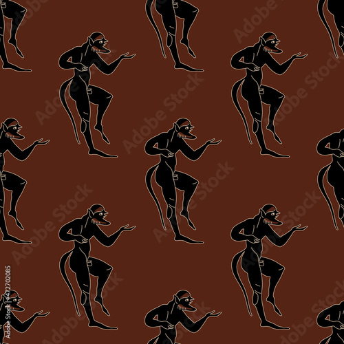 Seamless geometrical monochrome pattern with ancient Greek ethnic motifs. Silhouettes of dancing satyrs. Vase painting style. On brown background.