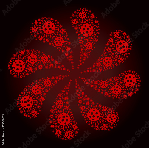 Red coronavirus icon rotation abstract flower salute composition on red dark gradient background. Flower centrifugal explosion done from red random coronavirus symbols.