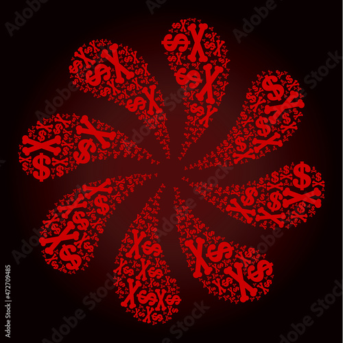 Bloody dead dollar icon explosion abstract flower salute composition on red dark gradient background. Rotation centrifugal explosion done from bloody random dead dollar items.