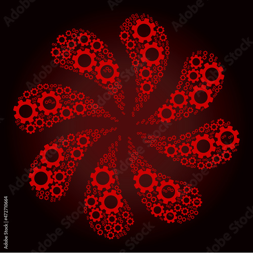 Red gear mechanics icon centrifugal spin flower fireworks shape on red dark gradient background. Flower cycle done from red random gear mechanics items.