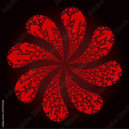 Red out arrow icon swirl burst flower salute shape on red dark gradient background. Rotation burst done from red scattered out arrow items.