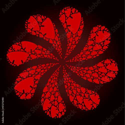 Red protective helmet icon curl burst petals salute composition on red dark gradient background. Flower burst done from red random protective helmet items.