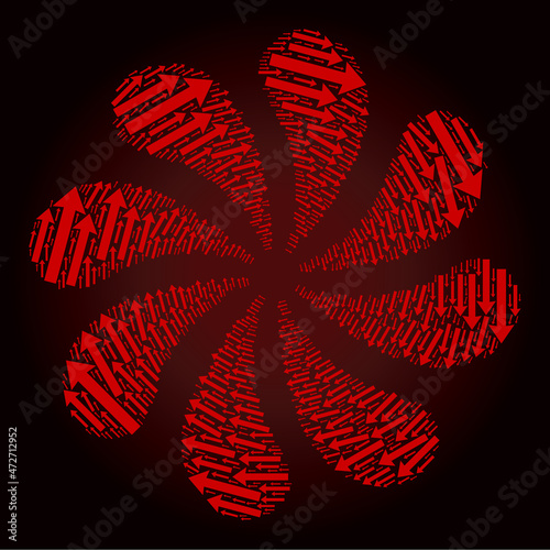 Bloody send arrow icon rotation abstract flower fireworks shape on red dark gradient background. Rotation cluster done from red scattered send arrow icons.