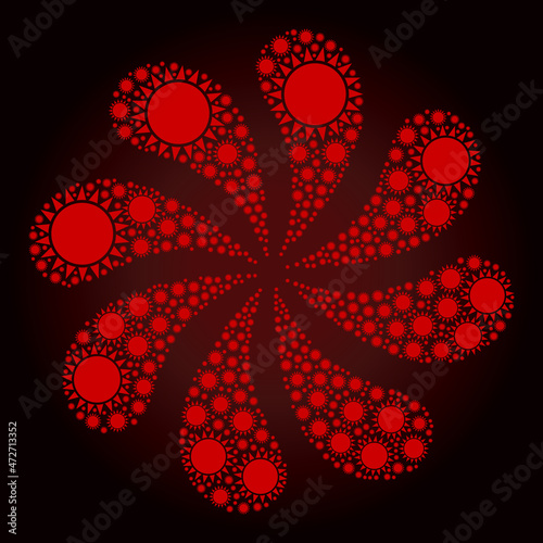 Red sun icon rotation twist turbine fireworks composition on red dark gradient background. Flower whirlpool done from red random sun symbols.
