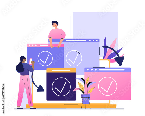 Cross browser compatibility. Responsive web design. Designers will work on design of website for computers and smartphones. Style creation, page, freelancer. Cartoon flat vector illustration