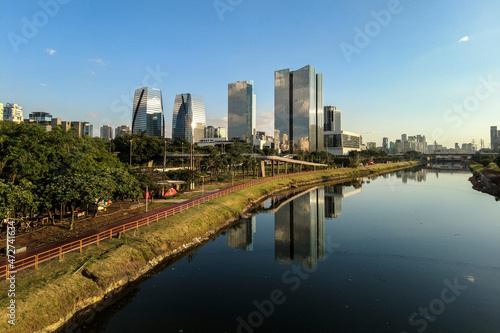 Modern office buildings and Pinheiros River in Sao Paulo city, Brazil.