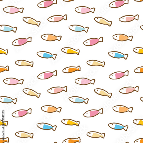 Seamless Pattern of Hand Drawn Cartoon Fish Design on White Background