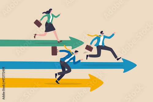 Business competition, contest or rivalry against competitors to increase sales for victory, performance compare to other employees concept, businessman and woman compete running on arrow racetrack.