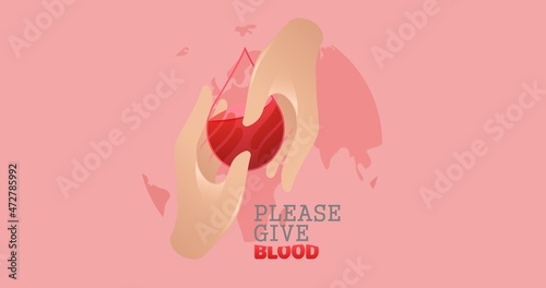 Digital composite image of hands holding drop symbol with please give blood text on pink background