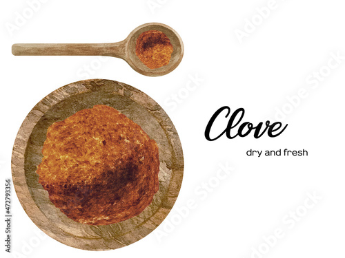 Watercolor fresh and dry clove in wooden bowl and spoon. Kitchen spices and herbs set.