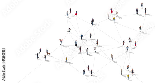 Aerial view of crowd people connected by lines, social media and communication concept