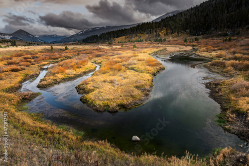 Autumn view of colorful grasses and Gallatin River, Yellowstone National Park, Montana