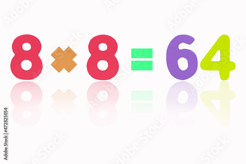 Eight multiply eight equals sixty four (8x8=64) Illustration. Image of simple math addition operation for kids math operation to enhance brain skills. Isolated on white background.