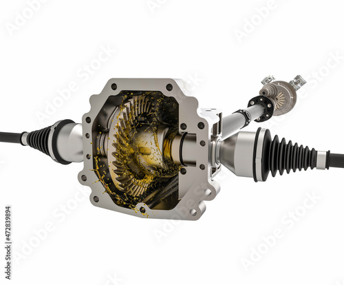 Car drivetrain with rear differential. Rear differential with lubrication oil . Rear axle drive.