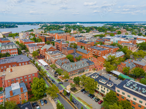 Salem downtown historic district on Essex Street aerial view in city center of Salem, Massachusetts MA, USA. 